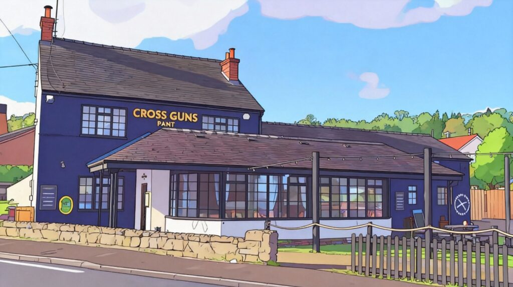 cartoon picture of the cross guns pub