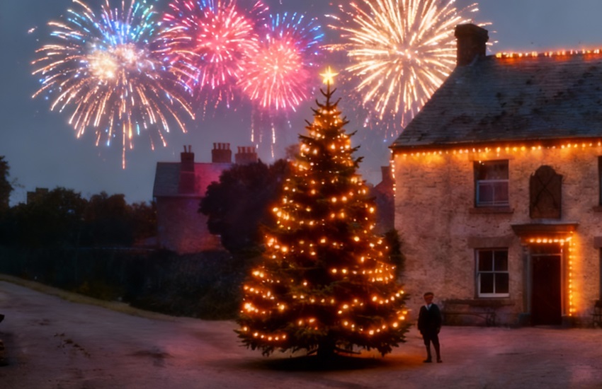 happy new year from the cross guns in pant with fireworks behind the building